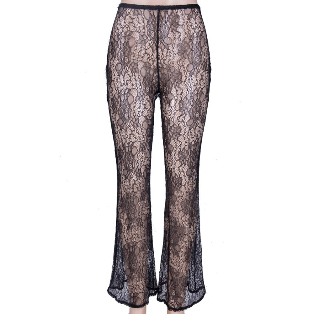 Sexy Women Bikini Cover Up Swimwear High Waist Lace Transparent Beach Mesh Sheer Long Pant Trousers