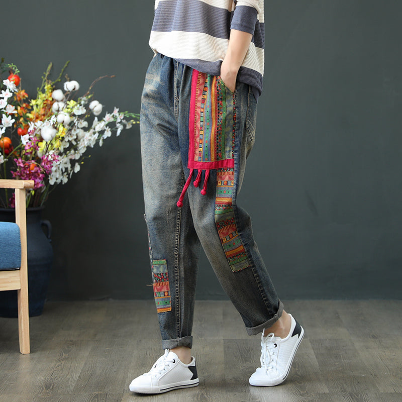 Spring Autumn Women Jeans Casual Loose High Waist Patchwork Denim Pants Trousers Vintage Harem Pant Calca Jeans Feminina