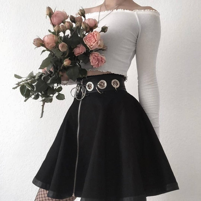 InstaHot Gothic Punk Zip Up Black Skirts Women Autumn Ring High Waist Pleated Winter Mini Skirt Female Bottom Sexy Christmas