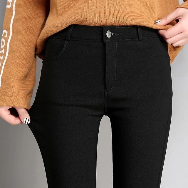 High Stretch Waist Women Elastic Skinny Pencil Jeans Leggins With Buttons Black Denim Trousers Pants