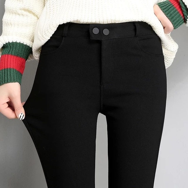 High Stretch Waist Women Elastic Skinny Pencil Jeans Leggins With Buttons Black Denim Trousers Pants