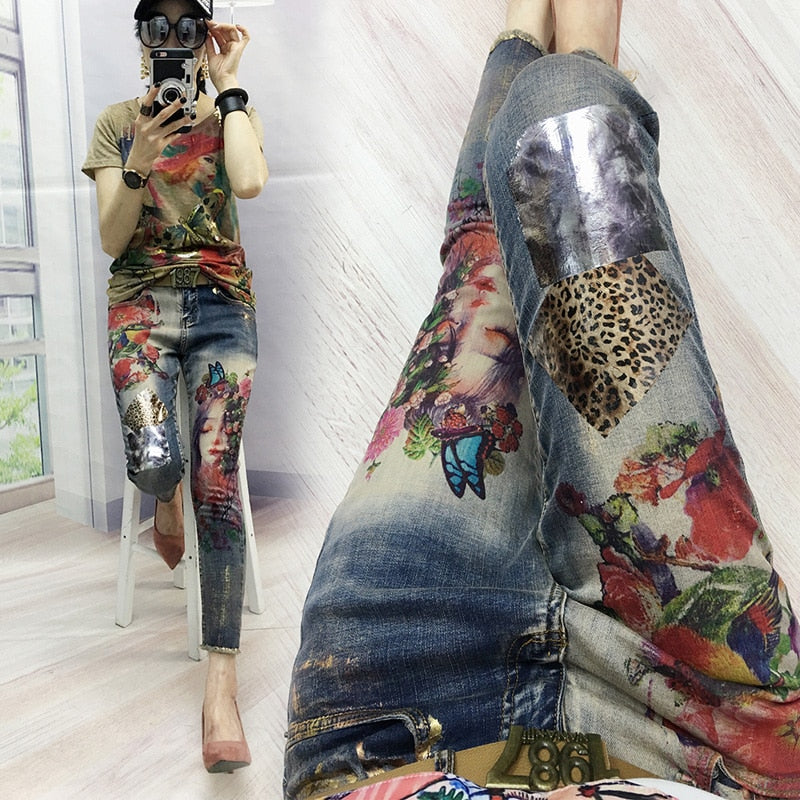 Denim Pants Painted Bronzing Jeans Woman 2019 Spring Autumn New Women Ins Super Fire Fashion Printing Jeans Female Trousers