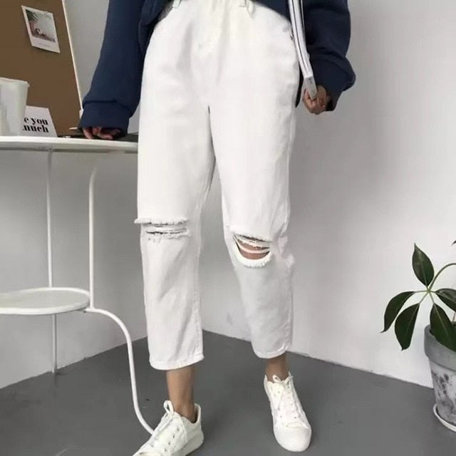 Jeans Women Spring Summer Trendy Simple Korean Style All-match Solid Hole Soft High Waist Streetwear Womens Trousers Chic Casual