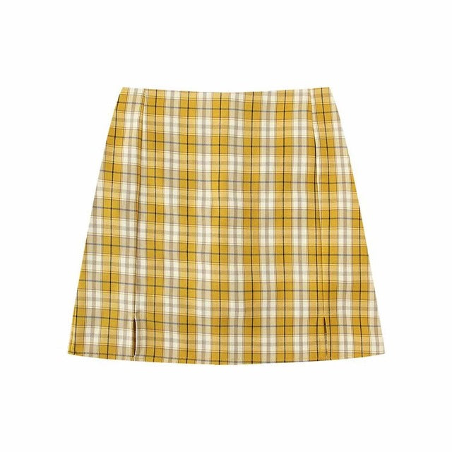 Women Split Details Plaid Mini Skirt with Under Shorts Mini Skort In Check