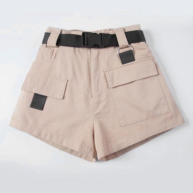 High Waist Wide Leg Cargo Women's Shorts Vintage Sashes Solid Khaki Pocket Women Shorts 2020 Summer Fashion NEW Casual Clothes