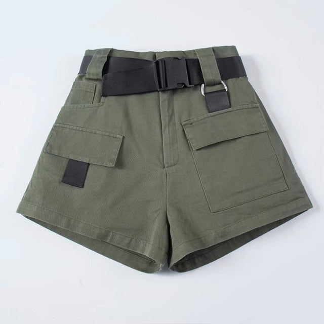 High Waist Wide Leg Cargo Women's Shorts Vintage Sashes Solid Khaki Pocket Women Shorts 2020 Summer Fashion NEW Casual Clothes