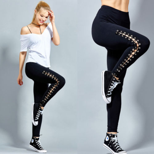 Fashion Women High Waist Lace Up Leggings Pencil Pants Slim Bandage Trousers Gym Fitness Training Track Pants