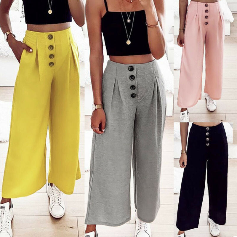 Womens Palazzo Flared Wide Leg Pants High Waist Loose Culottes Button Decor Long Trousers Baggy Pleated Ruffle Capris Vestidos