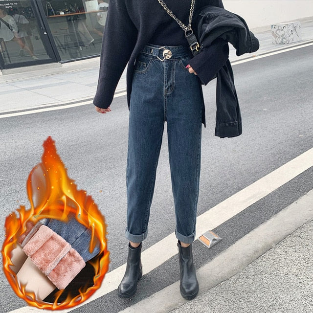 Jeans Women High Waist Harem Classic Vintage All-match 2XL Loose Plus Velvet BF Daily Harajuku Womens Trousers Fashion Ulzzang