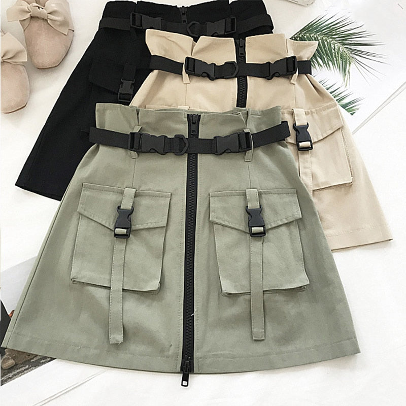 A Line Zipper Women Mini Cargo Skirts Pockets Sashes Bodycon Solid Ladies Short Skirt 2020 Summer Sexy Black Khaki Bottom Female