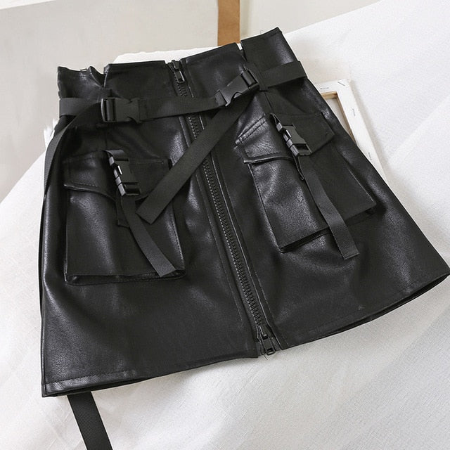 A Line Zipper Women Mini Cargo Skirts Pockets Sashes Bodycon Solid Ladies Short Skirt 2020 Summer Sexy Black Khaki Bottom Female