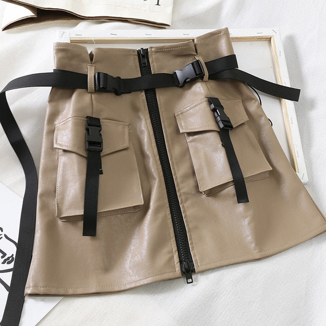 A Line Zipper Women Mini Cargo Skirts Pockets Sashes Bodycon Solid Ladies Short Skirt 2020 Summer Sexy Black Khaki Bottom Female