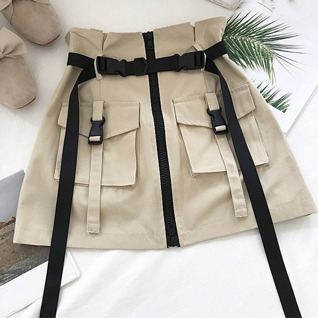 A Line Zipper Women Mini Cargo Skirts Pockets Sashes Bodycon Solid Ladies Short Skirt 2020 Summer Sexy Black Khaki Bottom Female