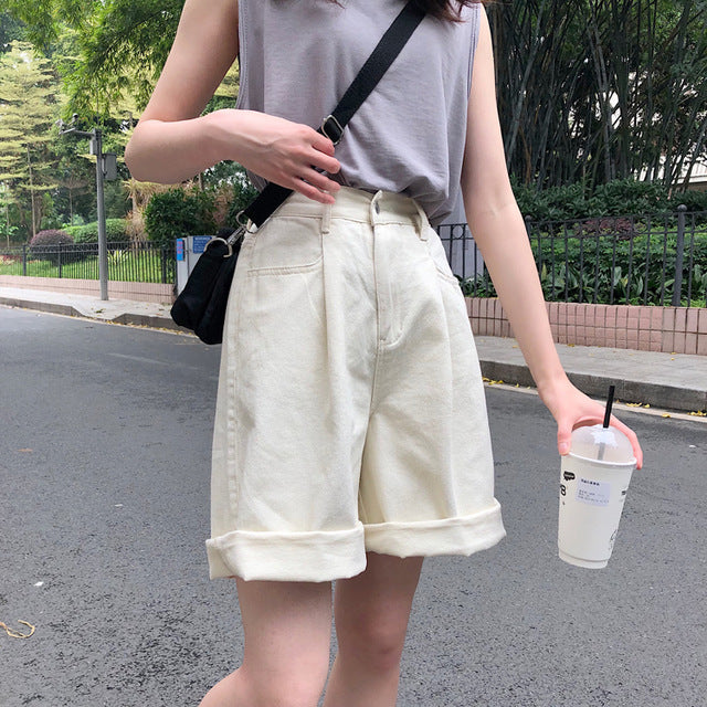 Shorts Women Solid Color High Wide Leg Trendy Harajuku Clothes Womens Summer Elastic Girl Simple All-match Short Student Elegant