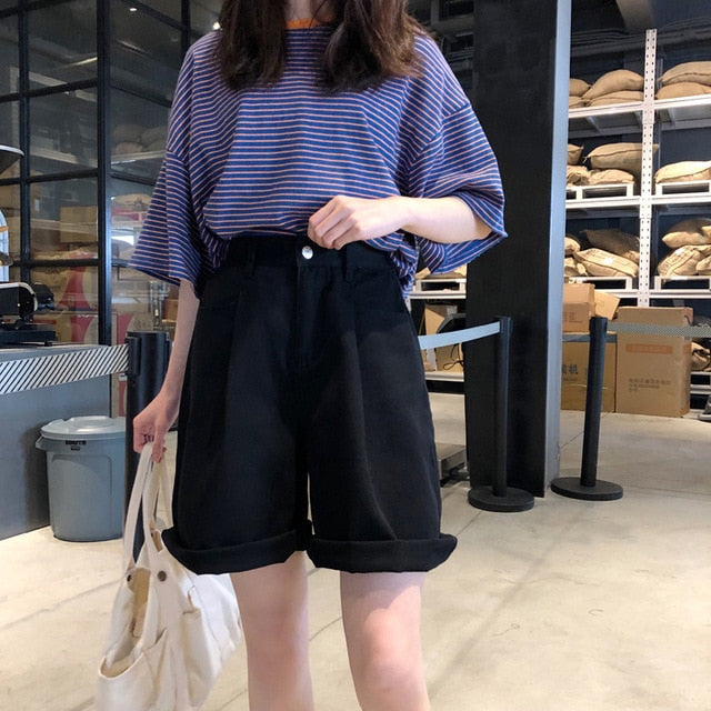 Shorts Women Solid Color High Wide Leg Trendy Harajuku Clothes Womens Summer Elastic Girl Simple All-match Short Student Elegant