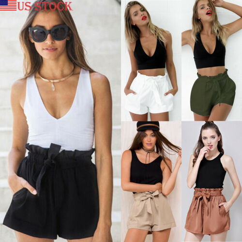 Women Summer Beach High Waist Shorts Stylish Ruffles Drawstring Loose Tie Belt Casual Solid Holiday Cotton Elastic Hot Shorts