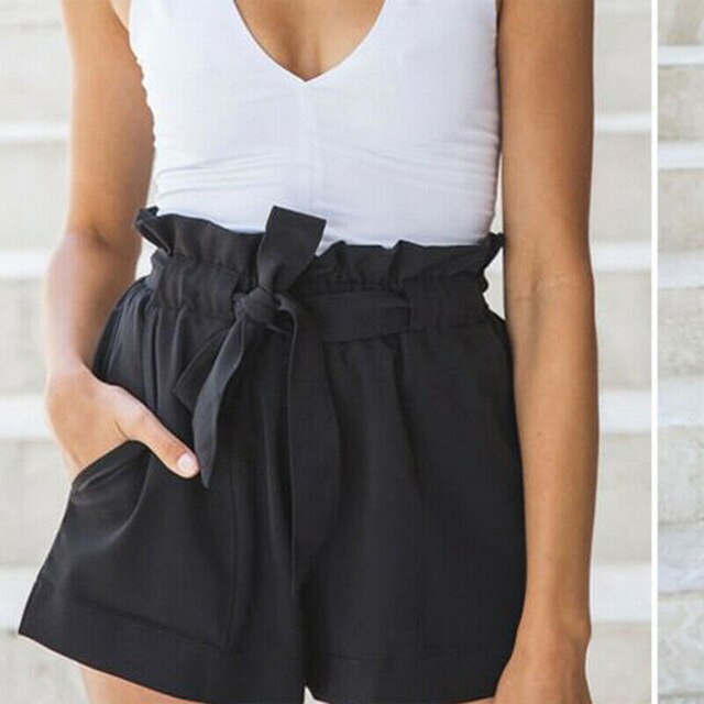 Women Summer Beach High Waist Shorts Stylish Ruffles Drawstring Loose Tie Belt Casual Solid Holiday Cotton Elastic Hot Shorts