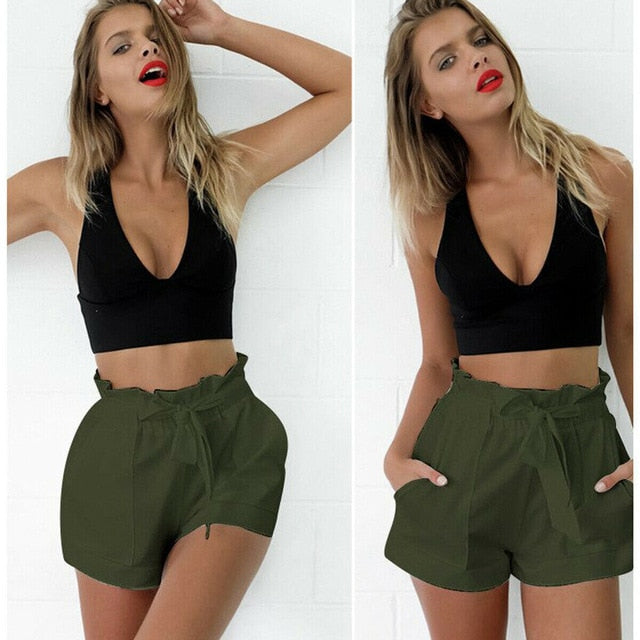 Women Summer Beach High Waist Shorts Stylish Ruffles Drawstring Loose Tie Belt Casual Solid Holiday Cotton Elastic Hot Shorts