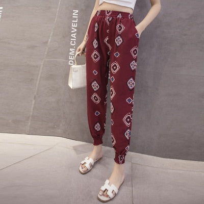 Pants Women Summer Korean Style Chiffon Harem Pant Casual Print Womens Ankle-Length Elastic Loose Vacation Trouser Ladies Capris