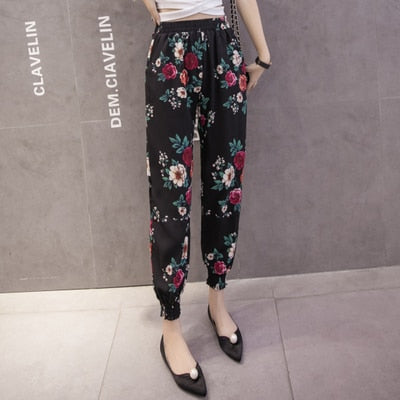 Pants Women Summer Korean Style Chiffon Harem Pant Casual Print Womens Ankle-Length Elastic Loose Vacation Trouser Ladies Capris