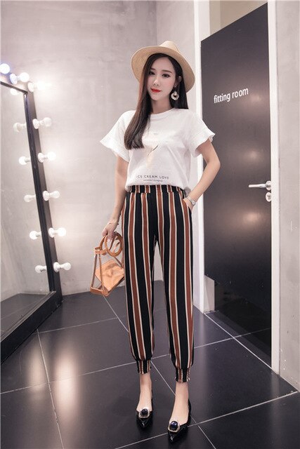 Pants Women Summer Korean Style Chiffon Harem Pant Casual Print Womens Ankle-Length Elastic Loose Vacation Trouser Ladies Capris