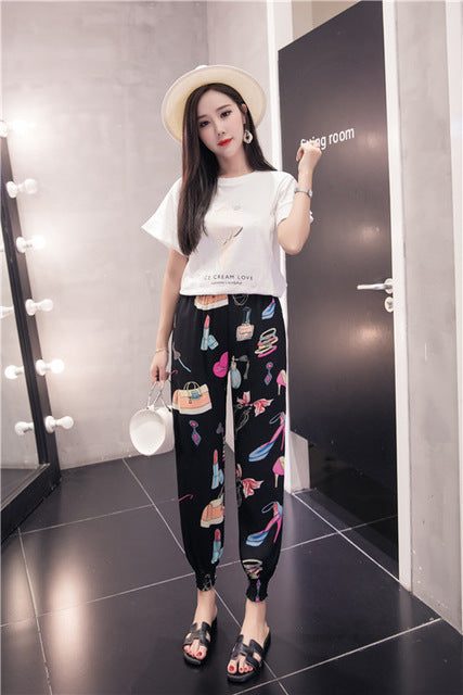 Pants Women Summer Korean Style Chiffon Harem Pant Casual Print Womens Ankle-Length Elastic Loose Vacation Trouser Ladies Capris