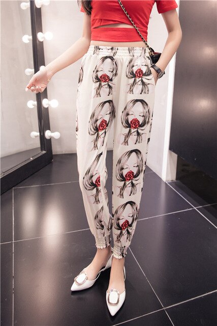 Pants Women Summer Korean Style Chiffon Harem Pant Casual Print Womens Ankle-Length Elastic Loose Vacation Trouser Ladies Capris