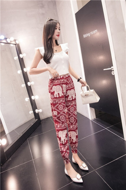 Pants Women Summer Korean Style Chiffon Harem Pant Casual Print Womens Ankle-Length Elastic Loose Vacation Trouser Ladies Capris