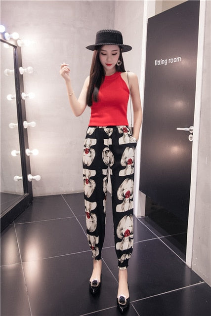 Pants Women Summer Korean Style Chiffon Harem Pant Casual Print Womens Ankle-Length Elastic Loose Vacation Trouser Ladies Capris