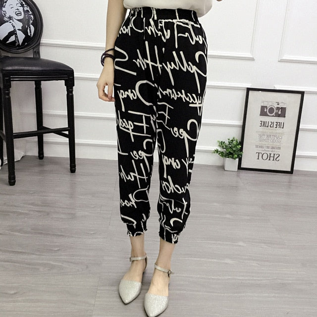 Pants Women Summer Korean Style Chiffon Harem Pant Casual Print Womens Ankle-Length Elastic Loose Vacation Trouser Ladies Capris