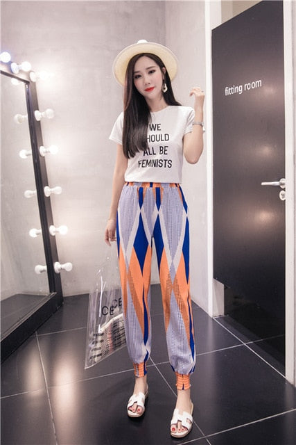 Pants Women Summer Korean Style Chiffon Harem Pant Casual Print Womens Ankle-Length Elastic Loose Vacation Trouser Ladies Capris