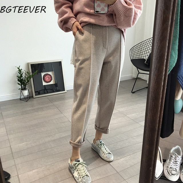 BGTEEVER Spring Thicken Women Pencil Pants Plus Size Wool Pants Female Autumn High Waist Loose Trousers Capris Good Fabric