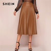 SHEIN Camel Solid Pleated Elegant Leather Skirt Women Bottoms 2020 Spring High Waist Streetwear Zipper Ladies Midi Skirts