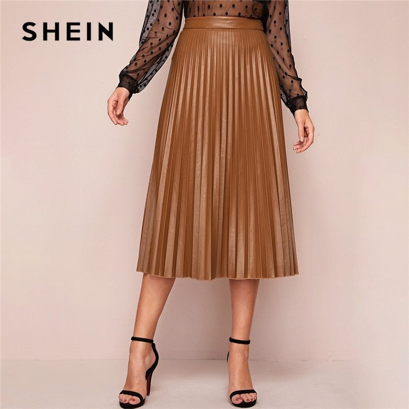 SHEIN Camel Solid Pleated Elegant Leather Skirt Women Bottoms 2020 Spring High Waist Streetwear Zipper Ladies Midi Skirts