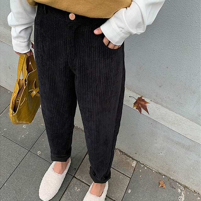 BGTEEVER Spring Autumn Women Corduroy Pants Fashion High Waist Female Straight Pants Streetwear Women Trousers Capris 2020