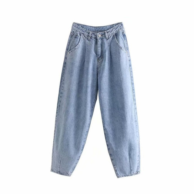 Women Streetwear Pleated Mom Jeans High Waist Loose Slouchy Jeans Pockets Fashion Boyfriend Pants Casual Ladies Denim Trousers