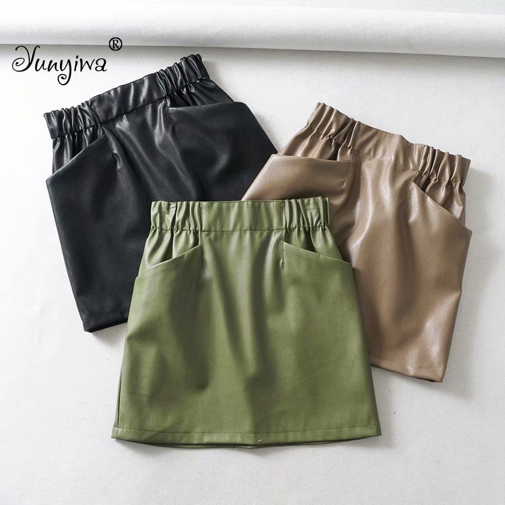 Women Skirts  Above Knee Mini Women's double pocket elastic waist PU Faux leather skirt Jupe Femme Faldas Mujer