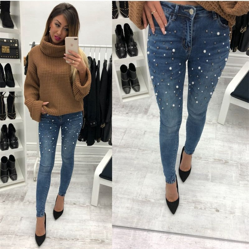 Women blue Jeans Pants Skinny Pearl Beaded black Jeans Summer Spring ladies high waist Zipper Fly Long Denim Casual mom jeans