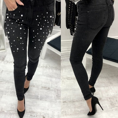 Women blue Jeans Pants Skinny Pearl Beaded black Jeans Summer Spring ladies high waist Zipper Fly Long Denim Casual mom jeans