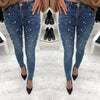 Women blue Jeans Pants Skinny Pearl Beaded black Jeans Summer Spring ladies high waist Zipper Fly Long Denim Casual mom jeans