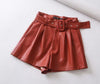 Women Black Orange Color PU Leather High Waist with Belt Wide Leg Faux Leather Shorts High Quality Winter Loose PU Shorts