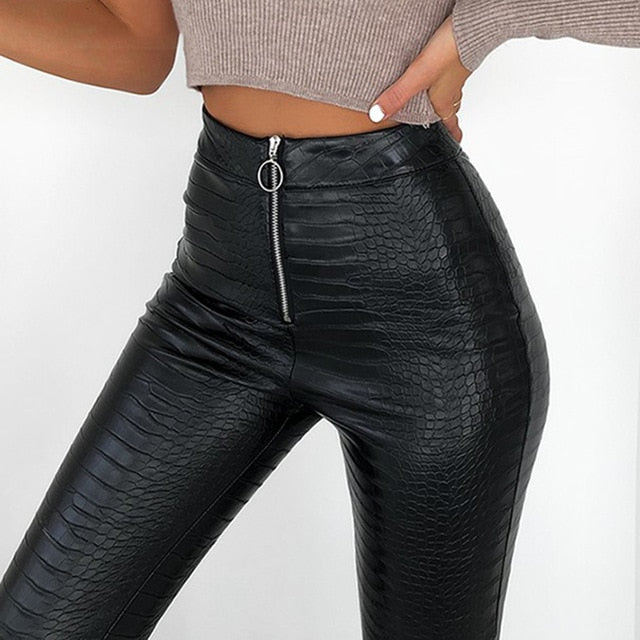 InstaHot Elegant High Waist Faux Leather Pants Women Pencil Skinny Pants Office Ladies Trousers Casual Slim Black Capris 2019