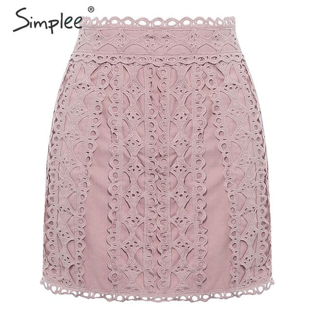 Simplee A-line lace embroidery women skirt Casual streetwear autumn female short skirt Party club ladies mini pink skirts