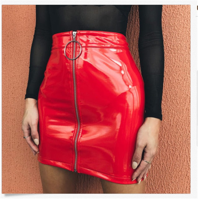 Women Fashion High Waist Skirt Sexy Zip Faux Leather Short Pencil Bodycon Mini Skirt 2019 New Solid White Skirt