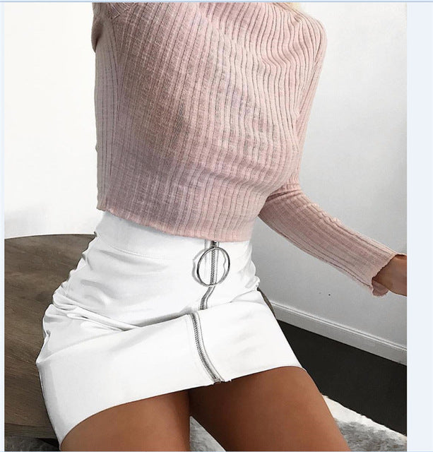 Women Fashion High Waist Skirt Sexy Zip Faux Leather Short Pencil Bodycon Mini Skirt 2019 New Solid White Skirt