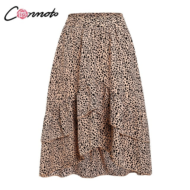 Conmoto 2019 High Waist Flounce Beach Women Skirts Polka Dot Feminino Summer Skirts Ruffles Asymmetrical Elegant Midi Skirt