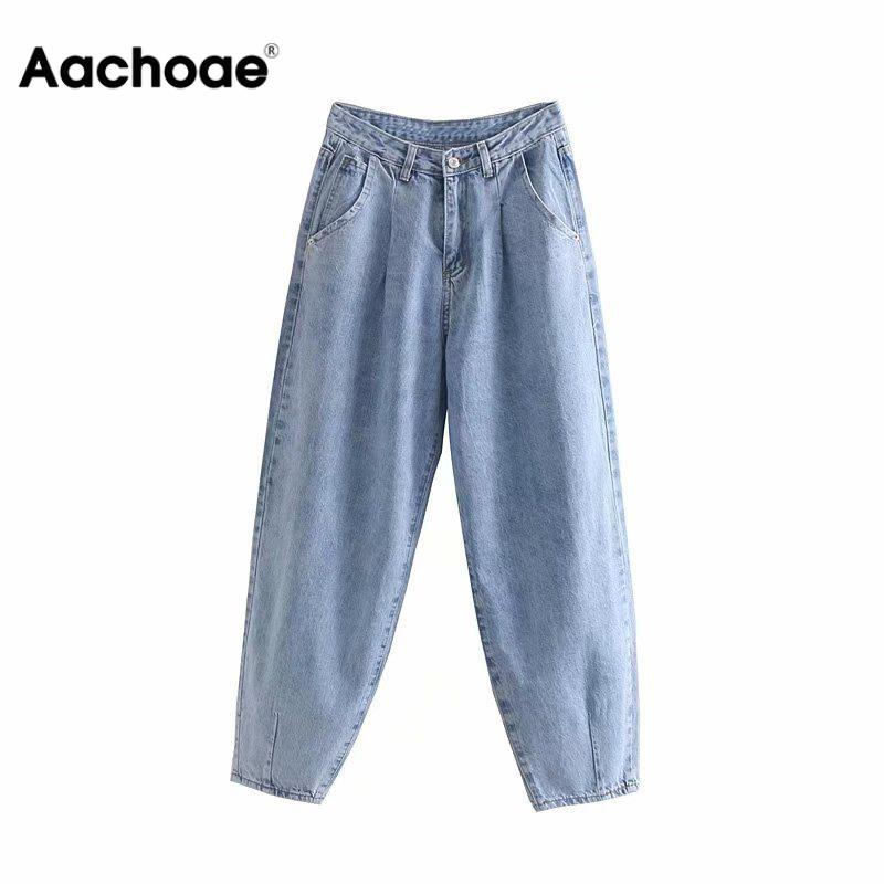 Women Blue Harem Jeans Loose mom Jeans Fashion High Waist Streetwear Boyfriends Washed Denim Long Trousers Bottoms Slouchy Jeans