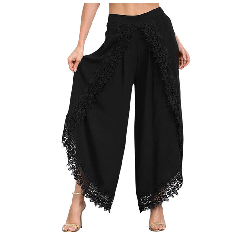 Lady Wear Mori Girl Elastic Waist Lace Crochet Wide Leg Pants Calf-length Cotton Trousers Hippie Boho Women Capris Pants