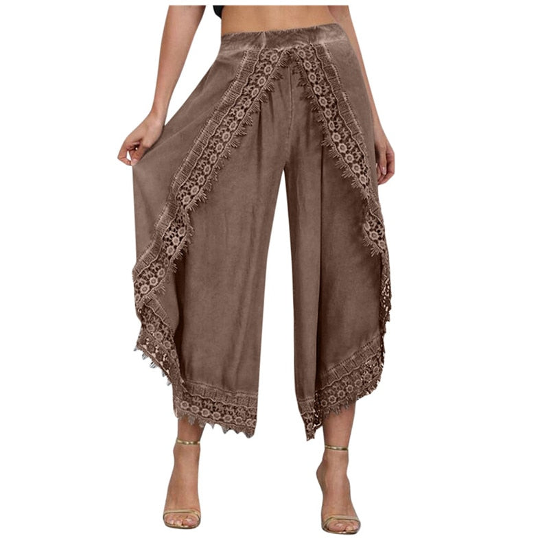 Lady Wear Mori Girl Elastic Waist Lace Crochet Wide Leg Pants Calf-length Cotton Trousers Hippie Boho Women Capris Pants