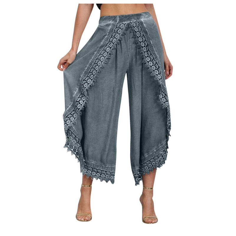 Lady Wear Mori Girl Elastic Waist Lace Crochet Wide Leg Pants Calf-length Cotton Trousers Hippie Boho Women Capris Pants